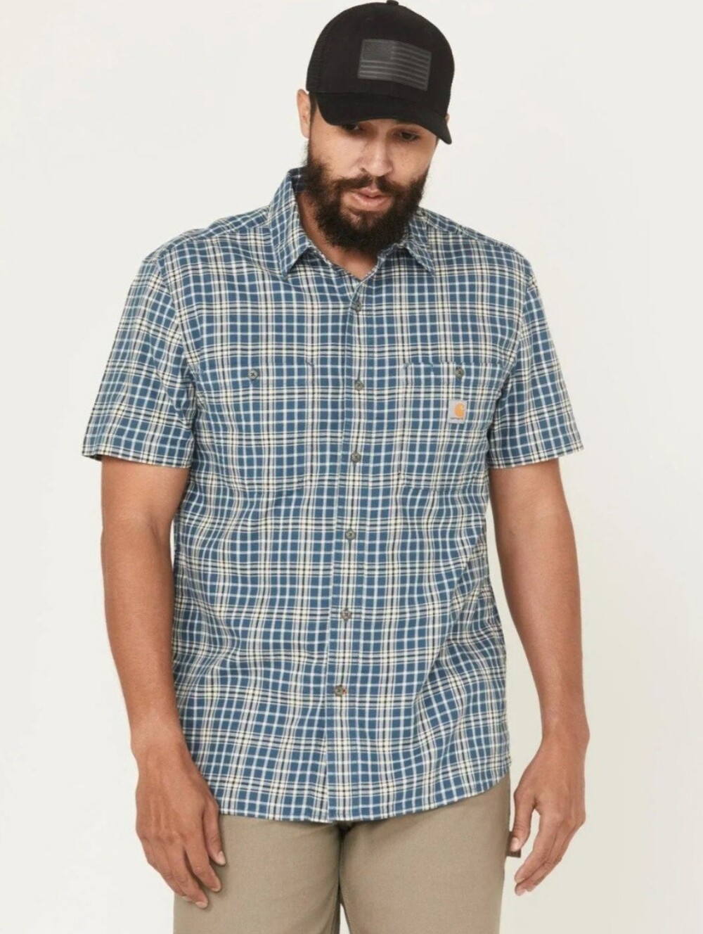 Carhartt "Rugged Flex Relaxed Fit Lightweight Short Sleeve Plaid Shirt" Blue L